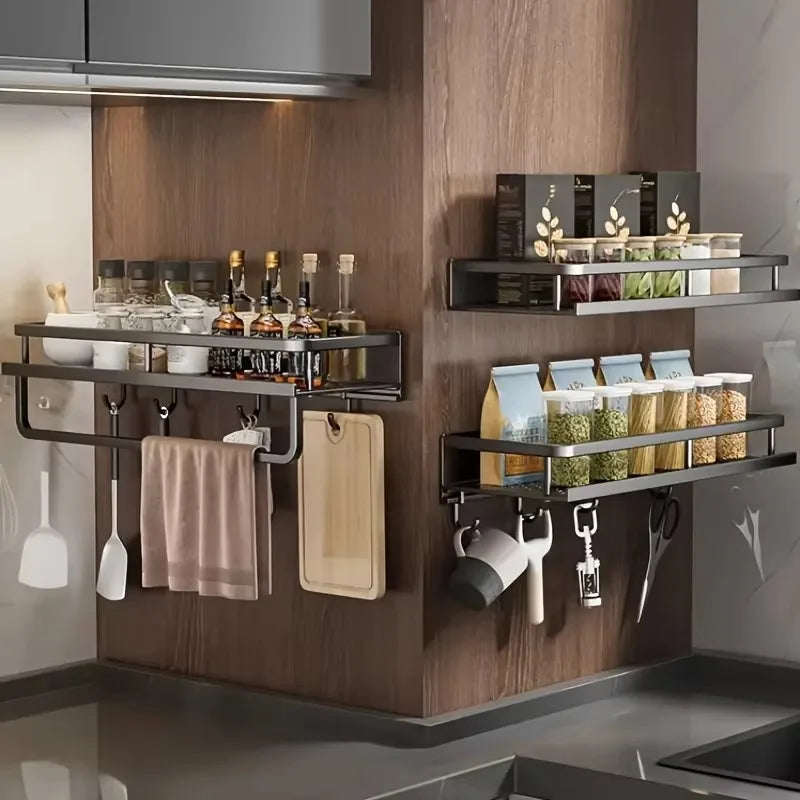 Aluminum Wall-Mounted Kitchen Shelf – No-Drill Spice & Storage Rack