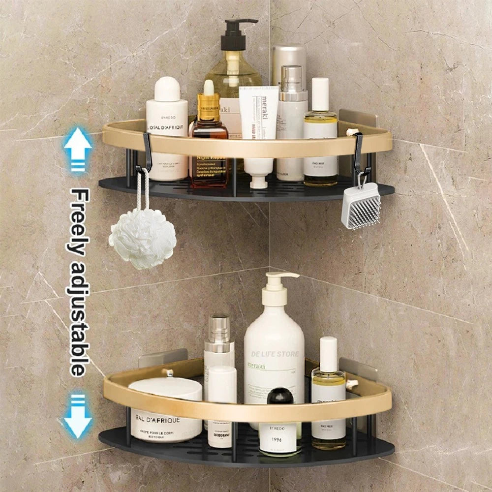 Wall-Mounted Bathroom & Kitchen Floating Shelf – No-Drill Aluminum Shower Corner Caddy Organizer