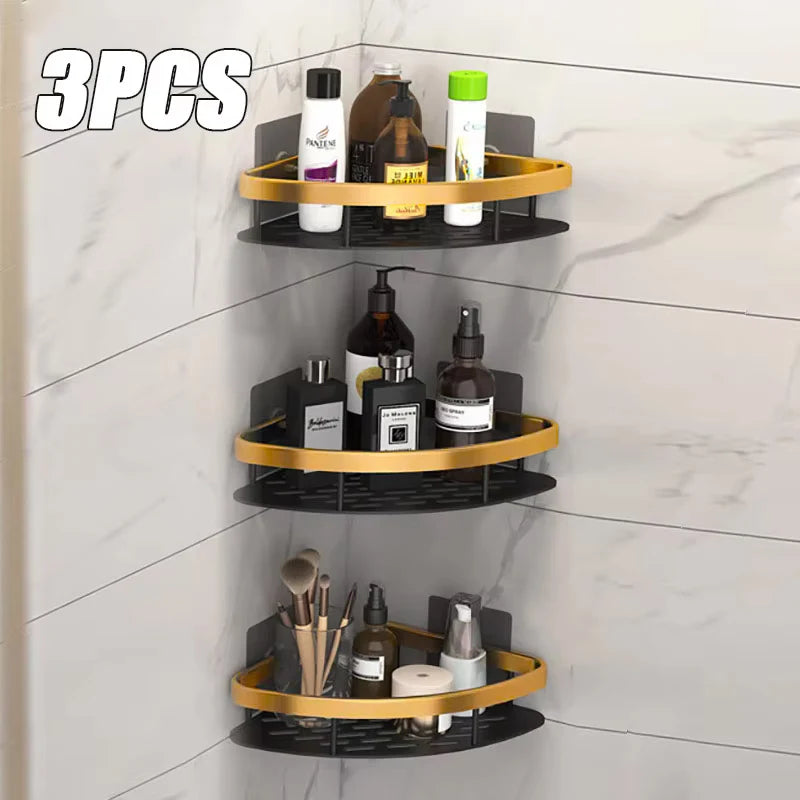 Wall-Mounted Bathroom & Kitchen Floating Shelf – No-Drill Aluminum Shower Corner Caddy Organizer