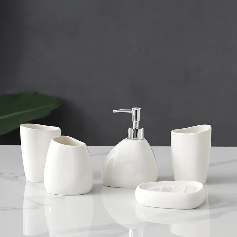 Modern Ceramic 5-Piece Bathroom Set – Dispenser, Tumbler, Toothbrush Holder & Soap Dish