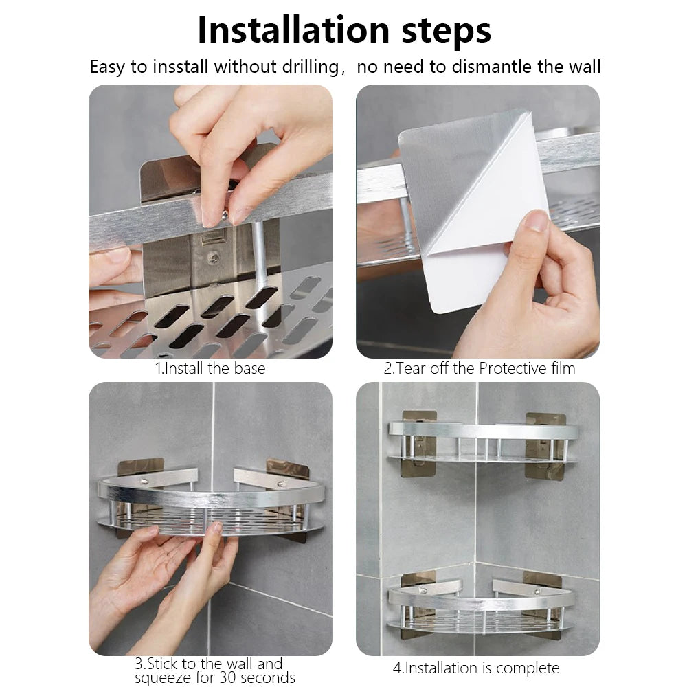 Wall-Mounted Bathroom & Kitchen Floating Shelf – No-Drill Aluminum Shower Corner Caddy Organizer