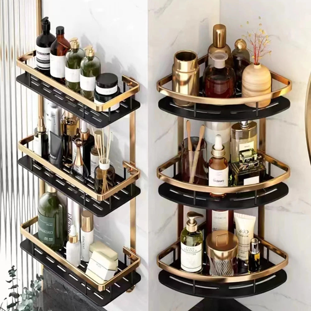Wall-Mounted Bathroom & Kitchen Floating Shelf – No-Drill Aluminum Shower Corner Caddy Organizer
