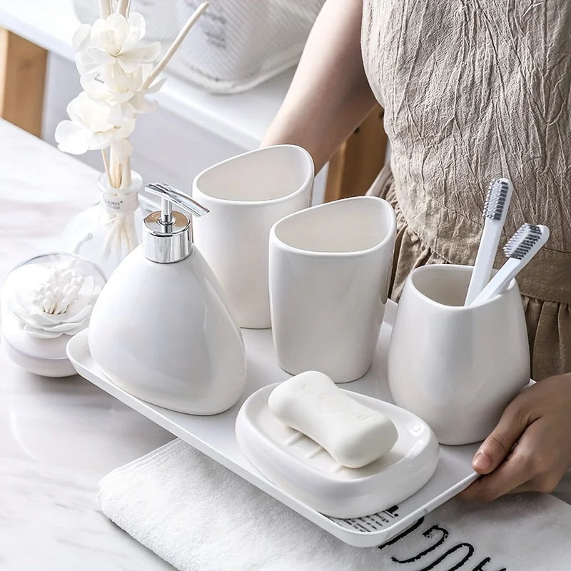 Modern Ceramic 5-Piece Bathroom Set – Dispenser, Tumbler, Toothbrush Holder & Soap Dish