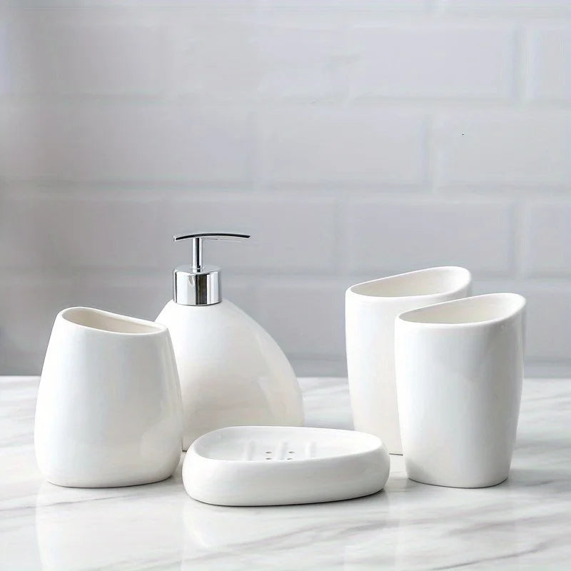 Modern Ceramic 5-Piece Bathroom Set – Dispenser, Tumbler, Toothbrush Holder & Soap Dish