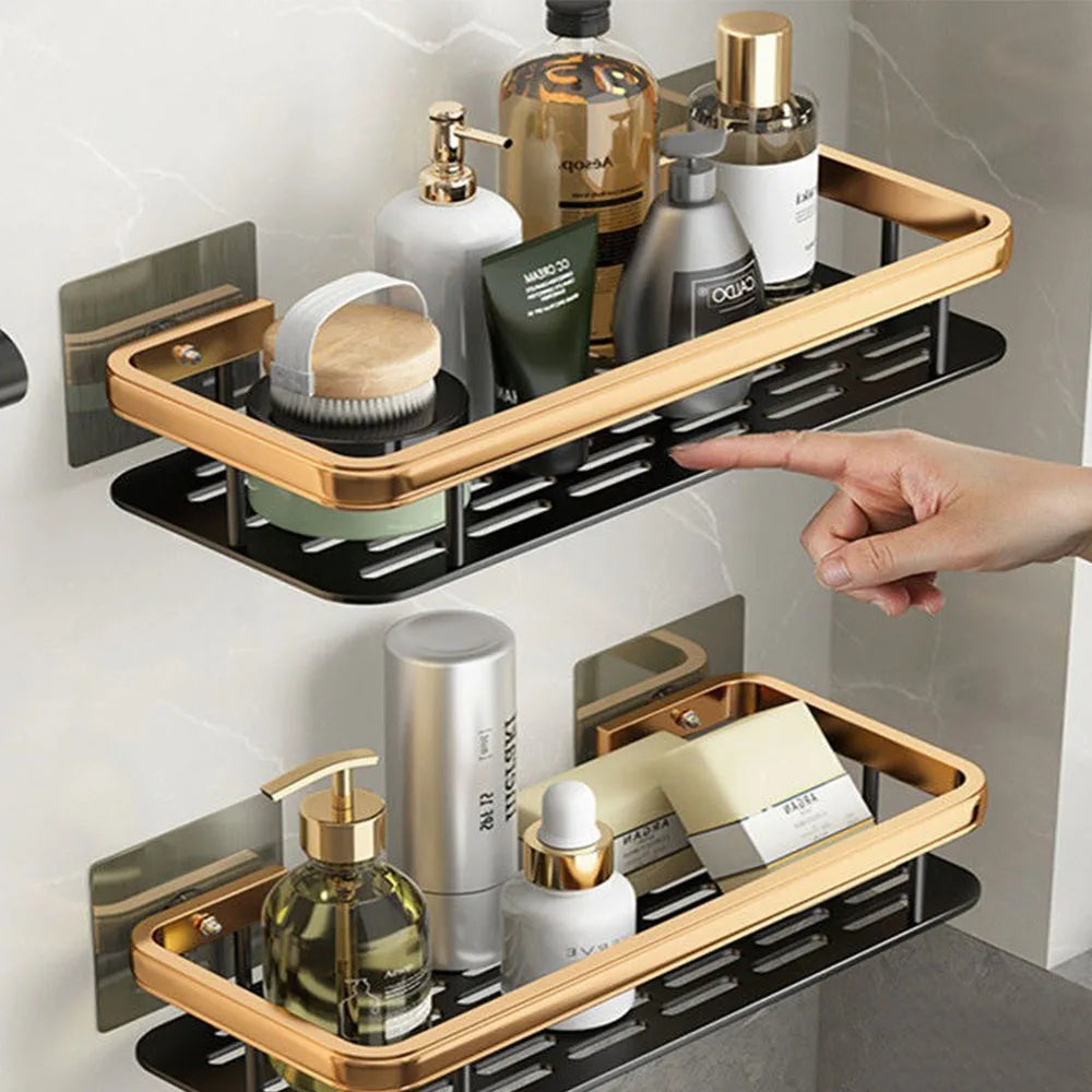 Wall-Mounted Bathroom & Kitchen Floating Shelf – No-Drill Aluminum Shower Corner Caddy Organizer