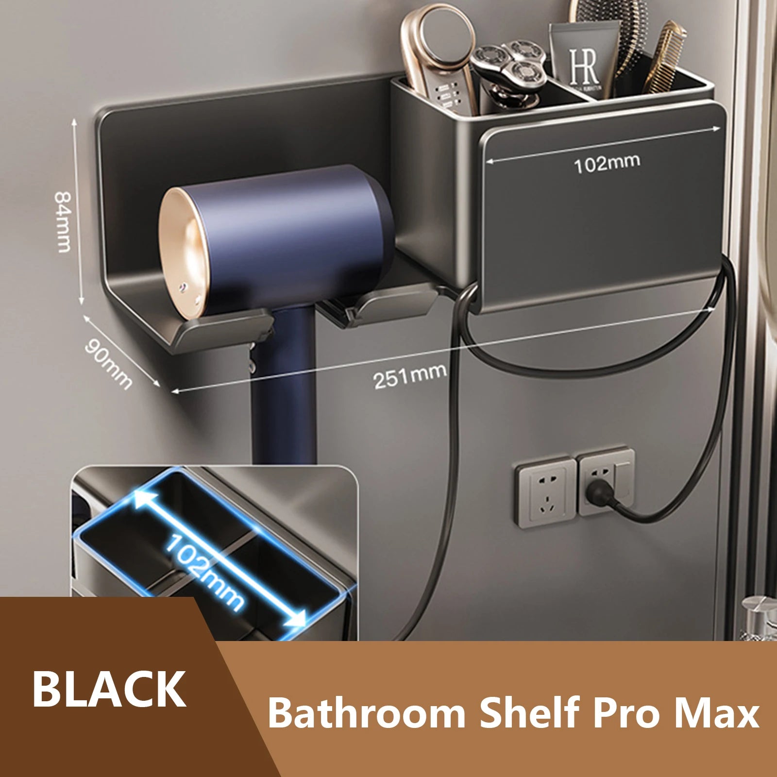 Wall Mount Hair Dryer Holder & Organizer – Fits Hair Dryer, Straightener & Curling Iron | No Drilling | Bathroom Storage