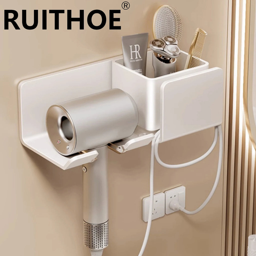 Wall Mount Hair Dryer Holder & Organizer – Fits Hair Dryer, Straightener & Curling Iron | No Drilling | Bathroom Storage