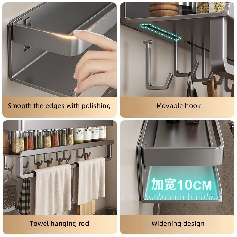 Aluminum Wall-Mounted Kitchen Shelf – No-Drill Spice & Storage Rack