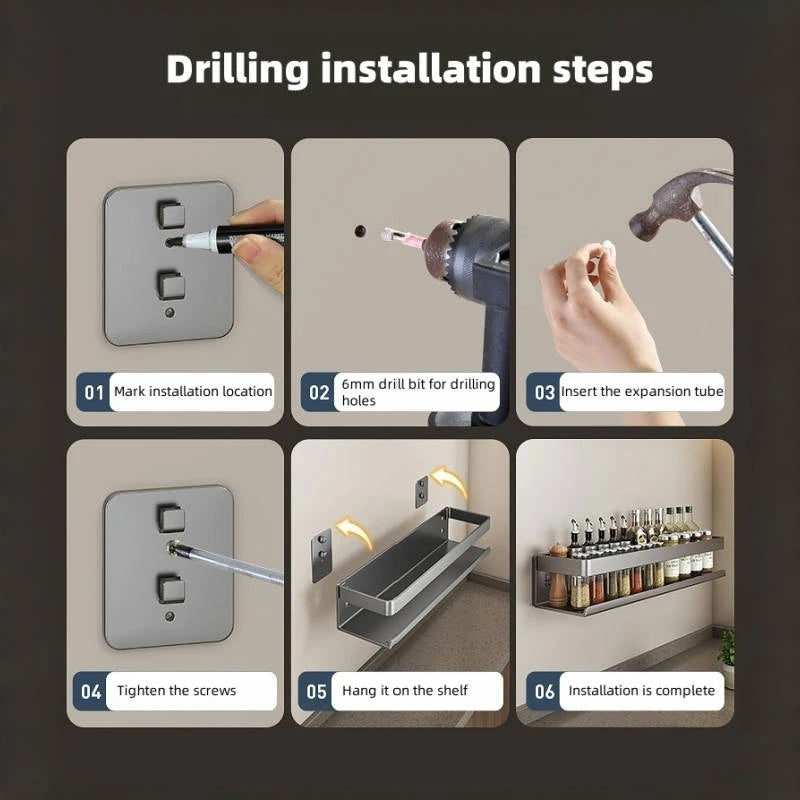 Aluminum Wall-Mounted Kitchen Shelf – No-Drill Spice & Storage Rack