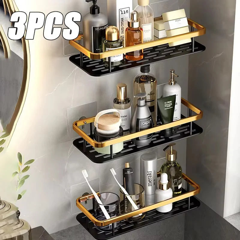 Wall-Mounted Bathroom & Kitchen Floating Shelf – No-Drill Aluminum Shower Corner Caddy Organizer