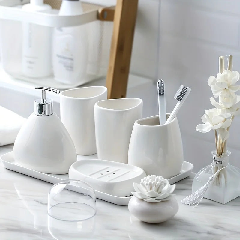 Modern Ceramic 5-Piece Bathroom Set – Dispenser, Tumbler, Toothbrush Holder & Soap Dish