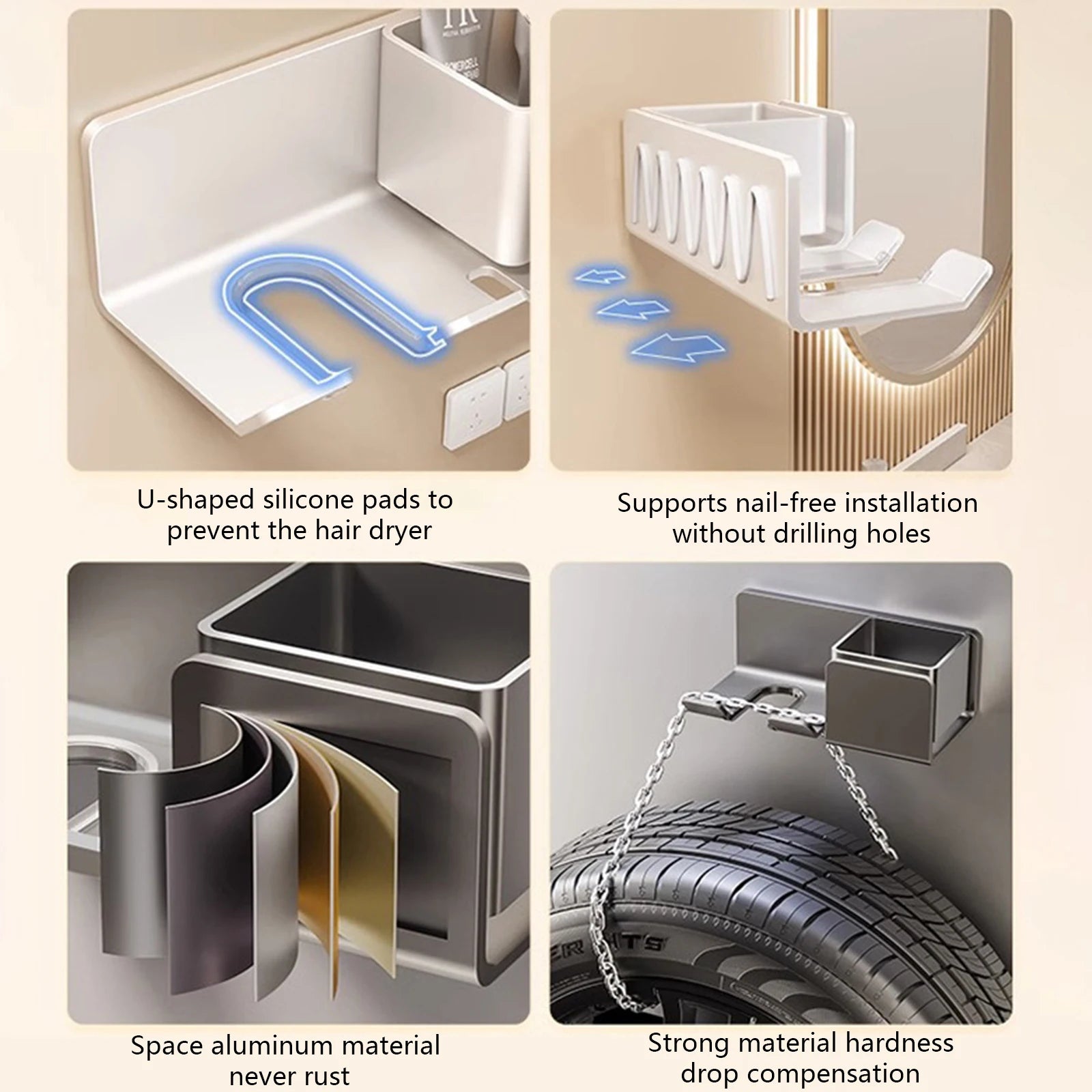 Wall Mount Hair Dryer Holder & Organizer – Fits Hair Dryer, Straightener & Curling Iron | No Drilling | Bathroom Storage