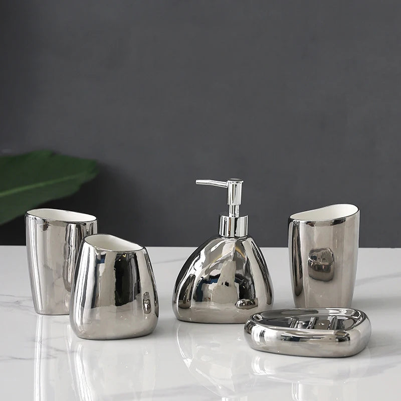 Modern Ceramic 5-Piece Bathroom Set – Dispenser, Tumbler, Toothbrush Holder & Soap Dish