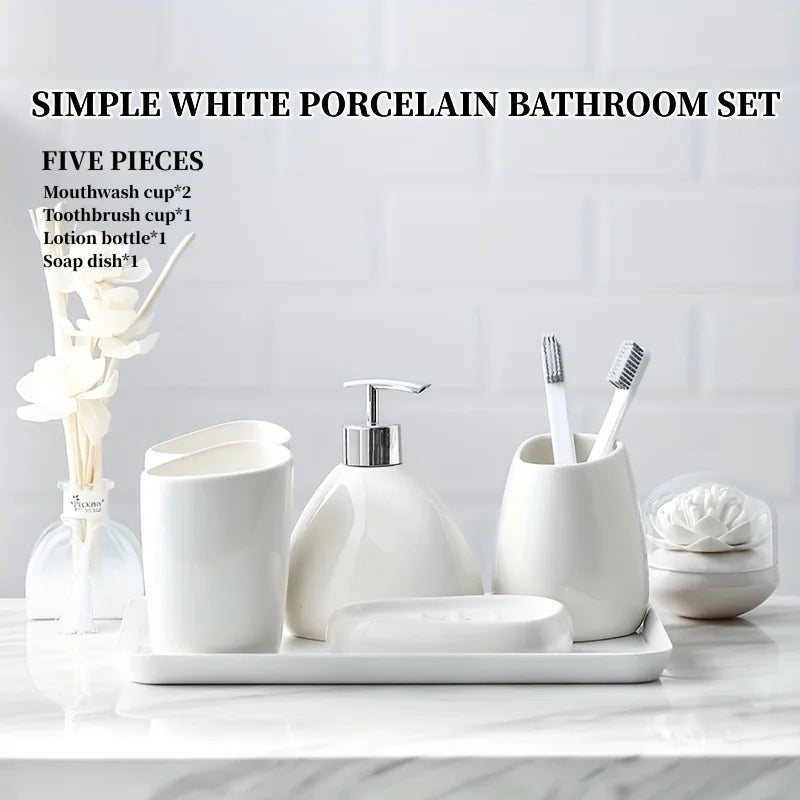 Modern Ceramic 5-Piece Bathroom Set – Dispenser, Tumbler, Toothbrush Holder & Soap Dish