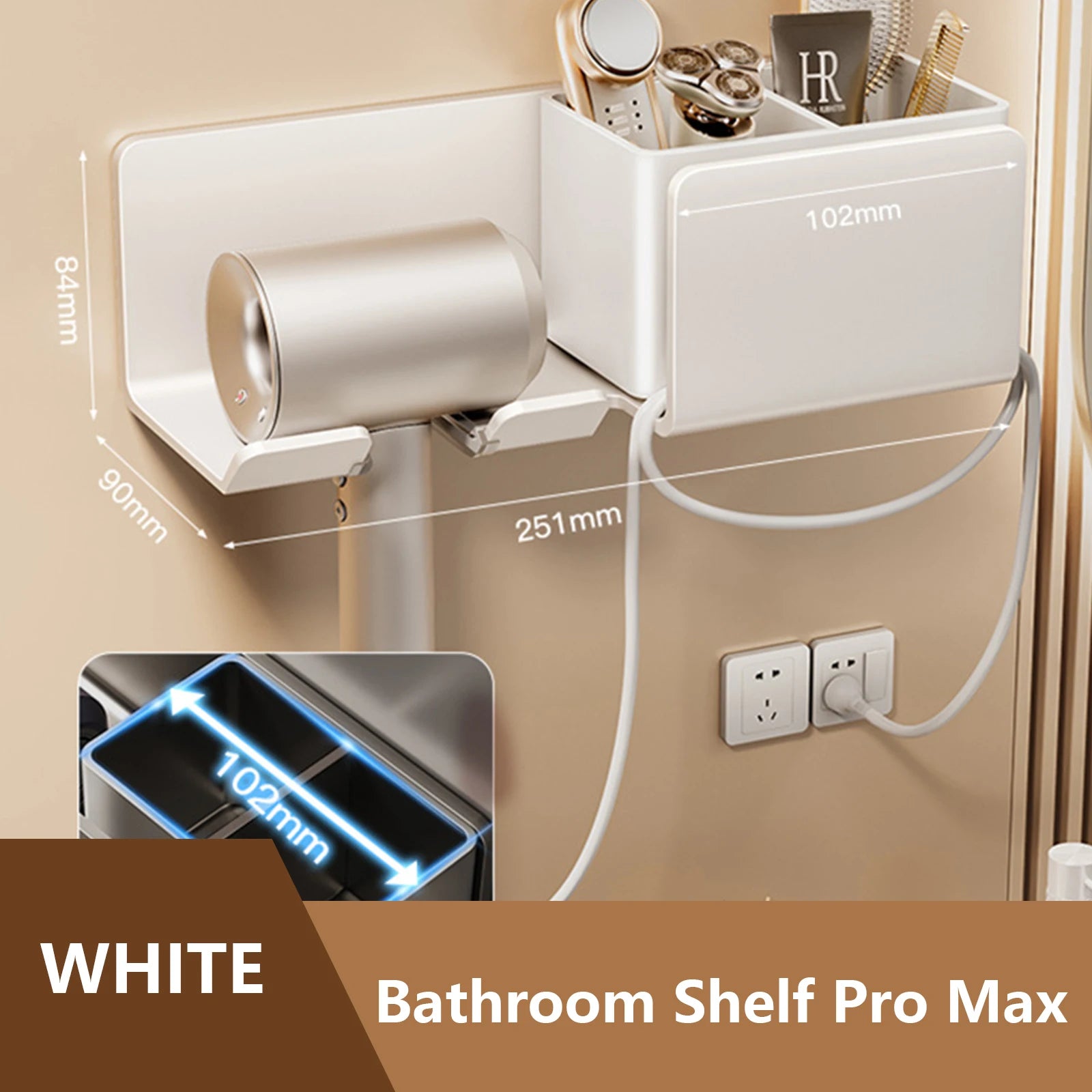 Wall Mount Hair Dryer Holder & Organizer – Fits Hair Dryer, Straightener & Curling Iron | No Drilling | Bathroom Storage