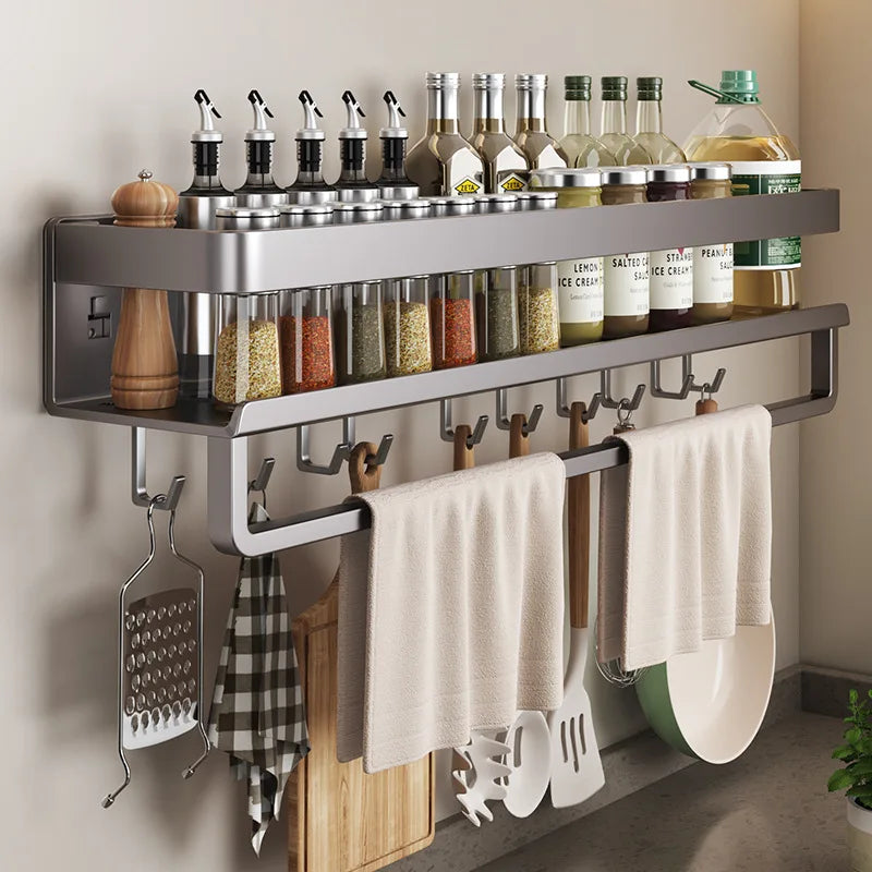 Aluminum Wall-Mounted Kitchen Shelf – No-Drill Spice & Storage Rack